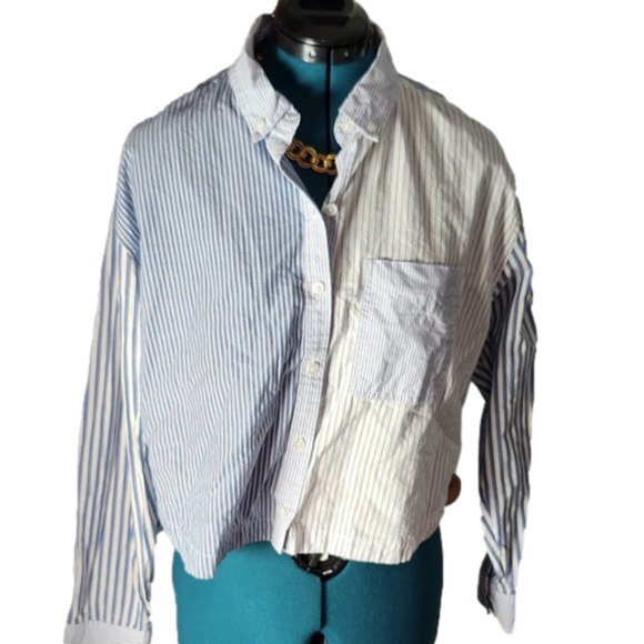 American Apparel Tops - 244. AE Striped Cropped Button-down Long-sleeve Cotton Shirt M